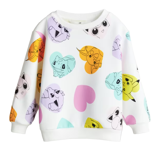 White sweatshirt with colorful Pokemon patterns on a white background