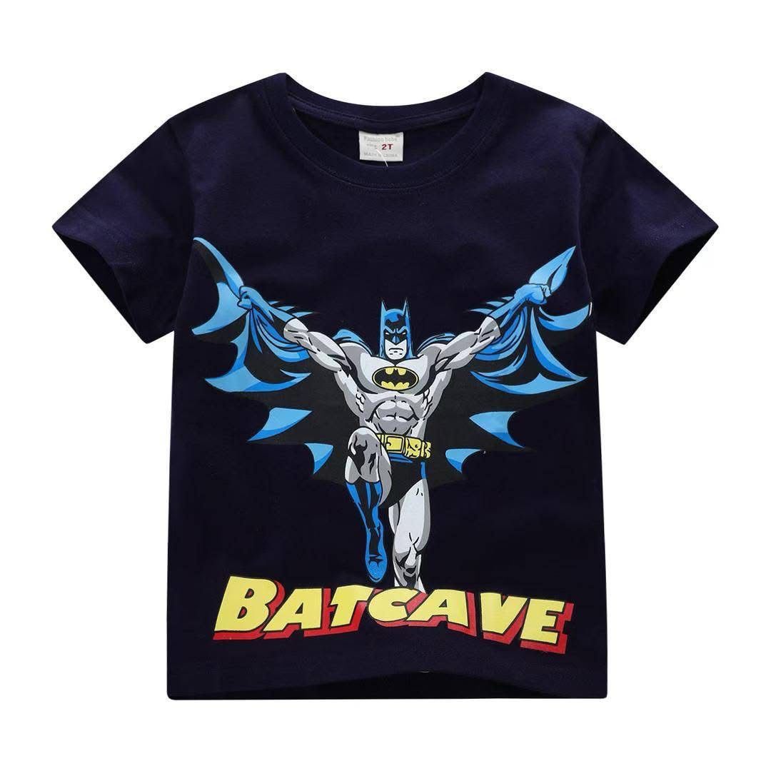 Navy blue t-shirt with Batman graphic and 'Batcave' text on a white background