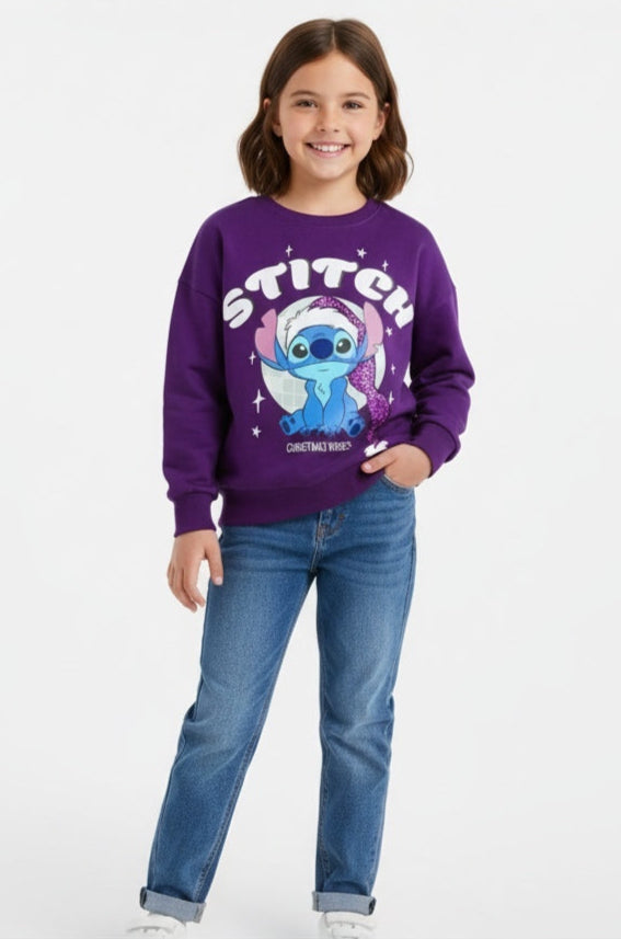 Child wearing a purple 'Stitch' sweater on a white background