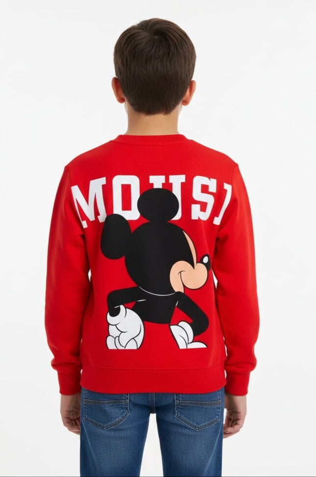 Red sweatshirt with a Mickey Mouse on the back, worn by a person against a white background