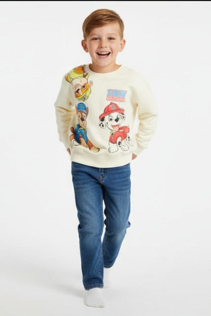 Child wearing a colorful sweater with Paw Patrol on a white background