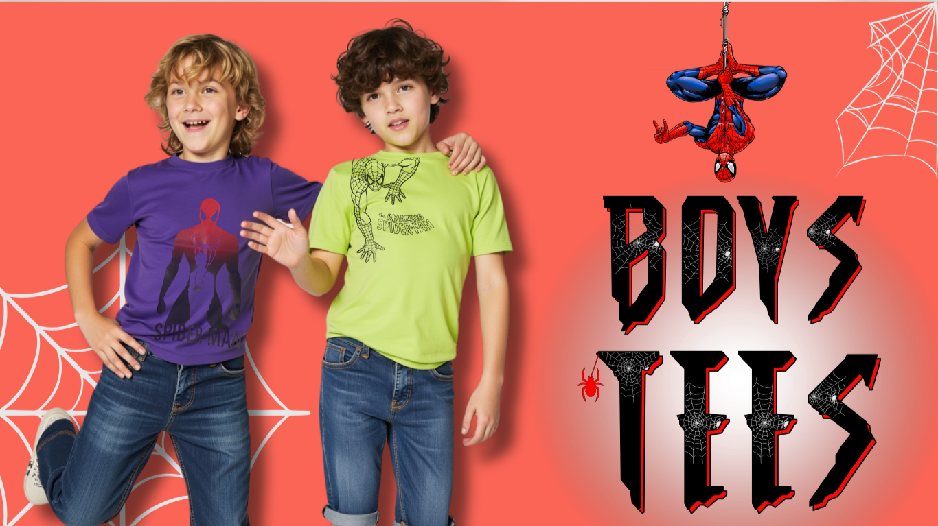 Boys’ colorful 100% cotton short sleeve t-shirts featuring Spider-Man, Batman, and Superman graphics – available in sizes 2T, 3T, 4T, 4, 5/6, 7, 8, 10/12, and 14/16 – soft and comfortable tees for everyday superhero style.