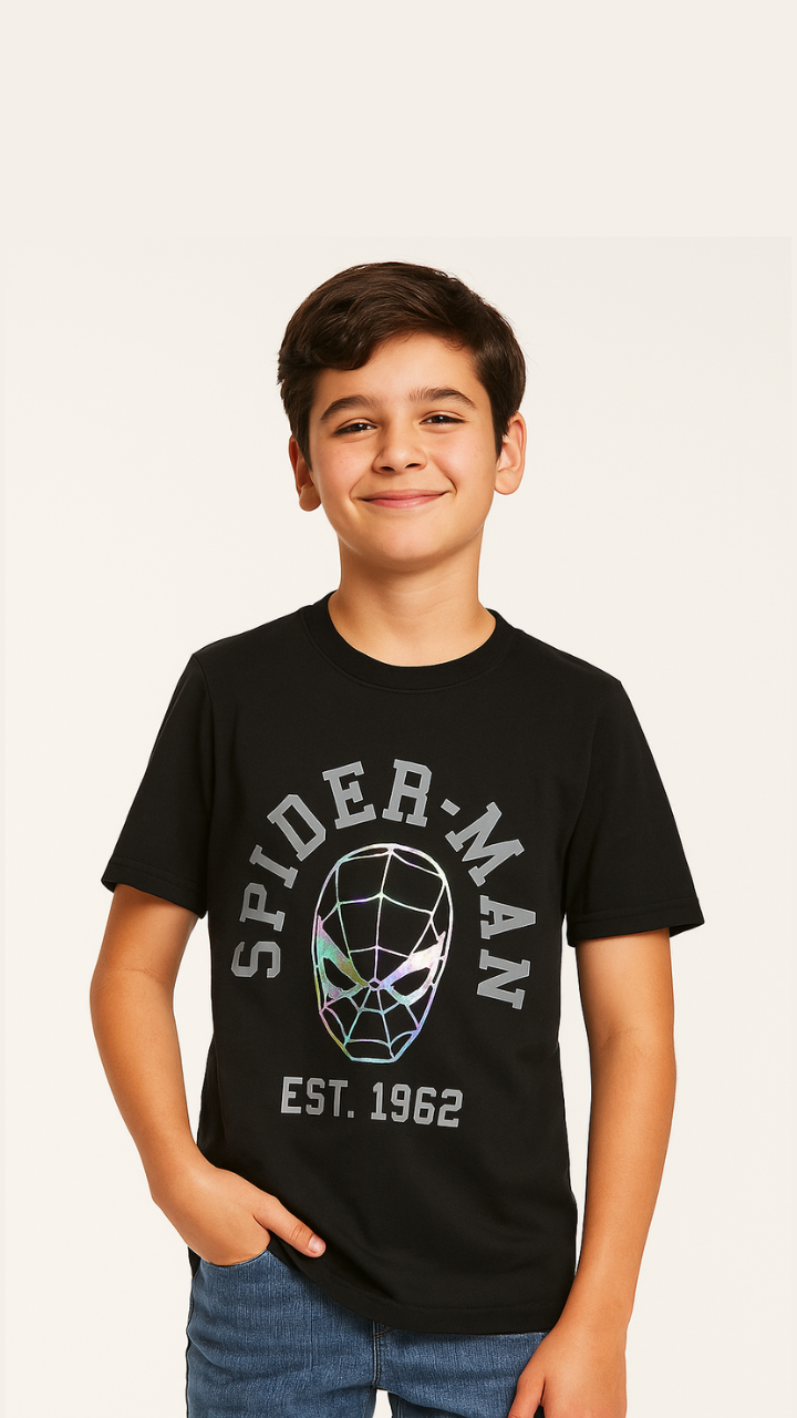 Child wearing a black Spider-Man t-shirt with a white background