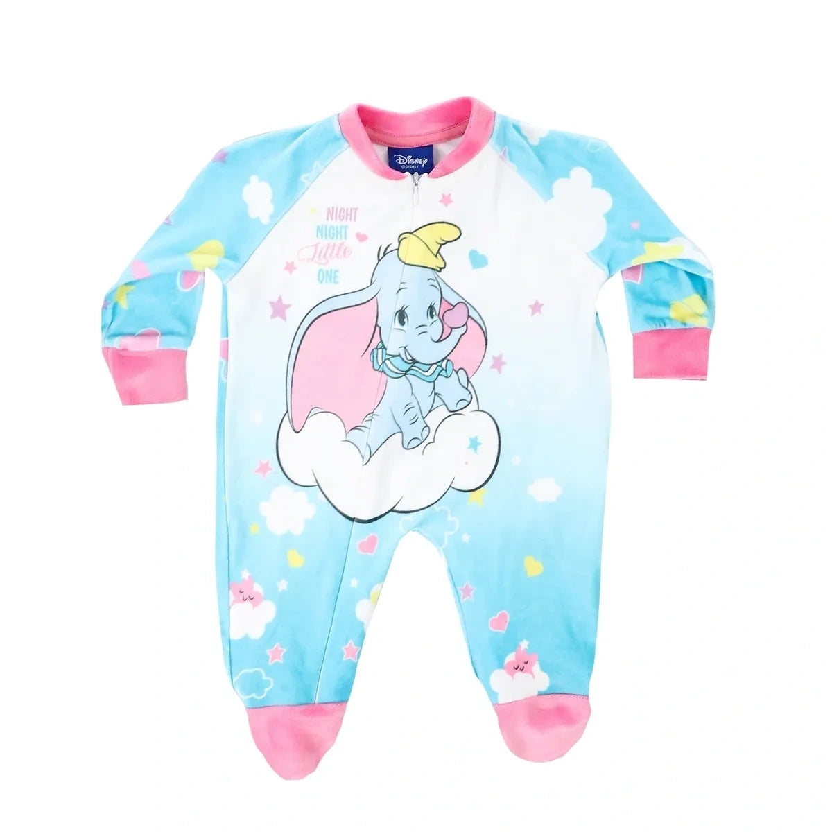 Blue Disney Dumbo long sleeve baby jumpsuit featuring Dumbo sitting on a cloud with colorful star and heart print design.