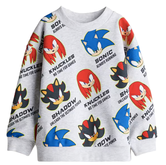 White sweatshirt with Sonic the Hedgehog character designs on a light gray background