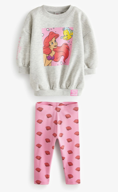 Children's outfit with gray sweatshirt and pink pants featuring The Little Mermaid on a white background
