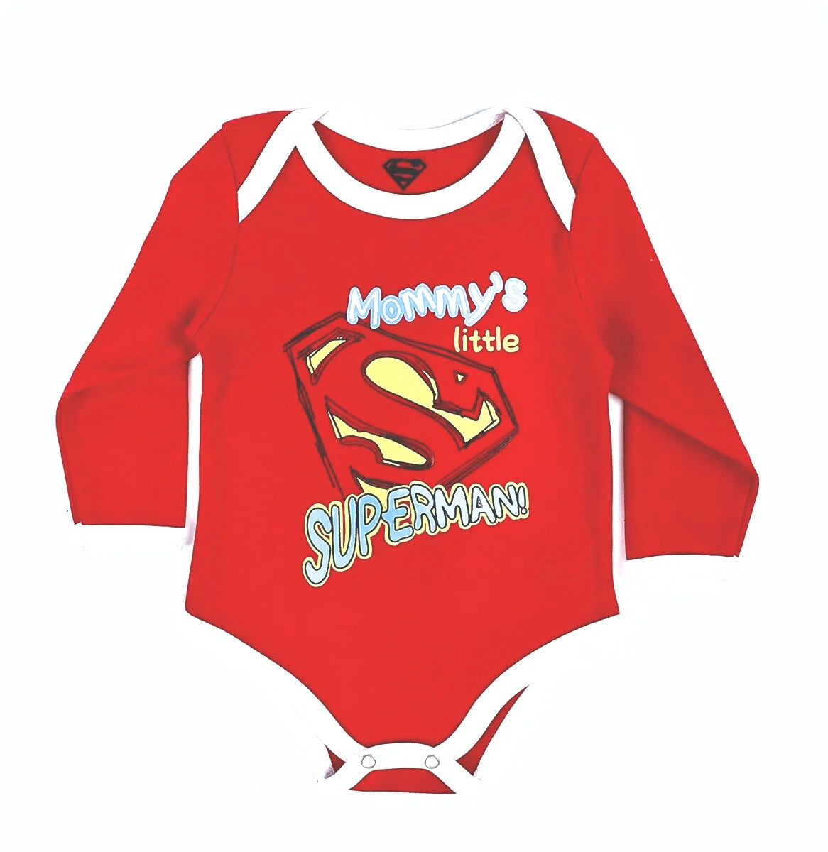 Red Superman long sleeve baby bodysuit featuring the Superman logo and “Mommy’s Little Superman” text on the front.