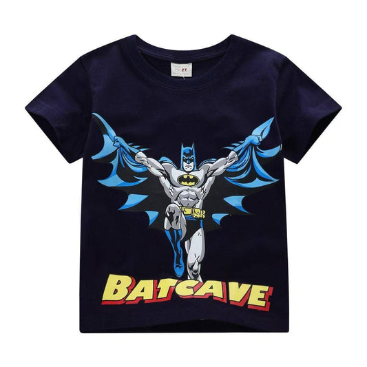 Navy blue t-shirt with Batman graphic and 'Batcave' text on a white background