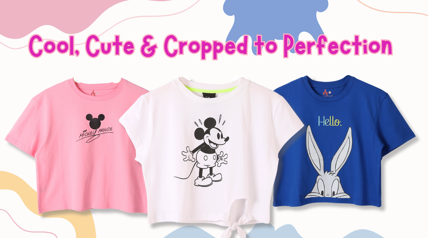 Trendy women’s crop tops in vibrant colors featuring popular cartoon characters like Mickey Mouse, Bugs Bunny, and Moana – fun and stylish graphic tees for women.