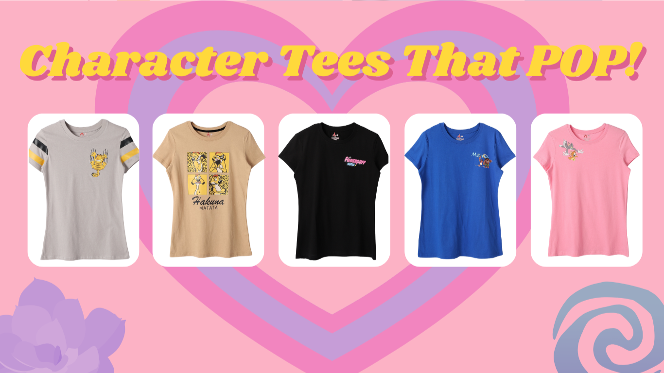 Women’s graphic tees featuring Moana, Garfield, Tom & Jerry, Powerpuff Girls, and Timon & Pumba – fun and colorful short sleeve shirts for casual everyday style.